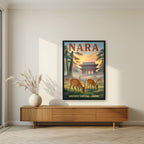 Shika no Asa — Nara art print, in a black frame, styled in a living room