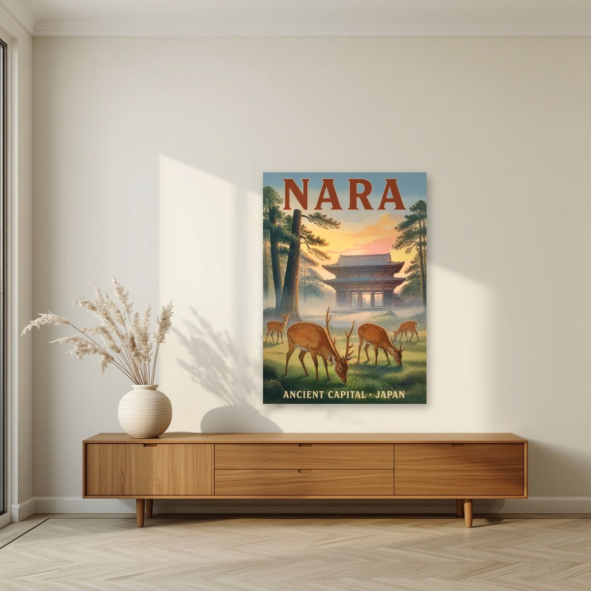 Shika no Asa — Nara art print, unframed poster, styled in a living room