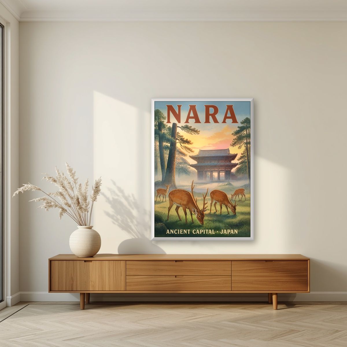 Shika no Asa — Nara art print, in a white frame, styled in a living room