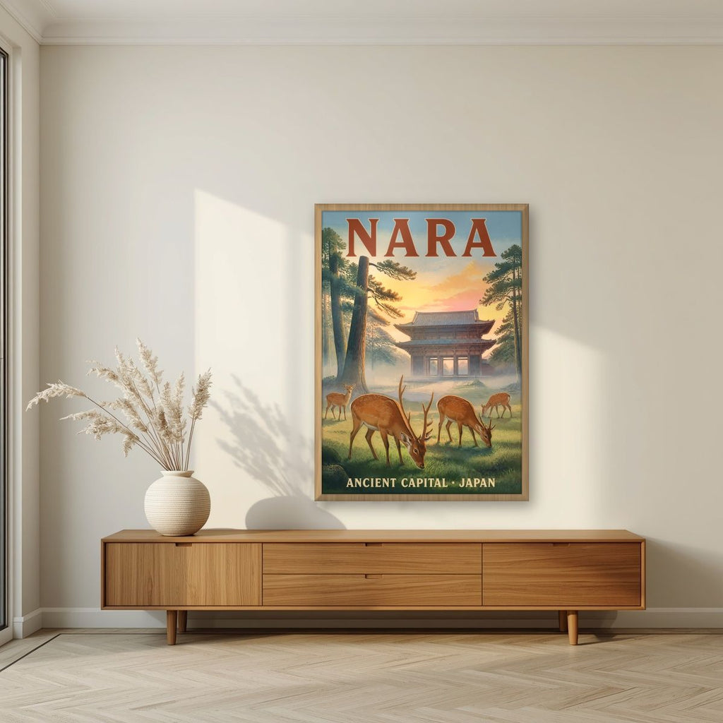 Shika no Asa — Nara art print, in an oak frame, styled in a living room