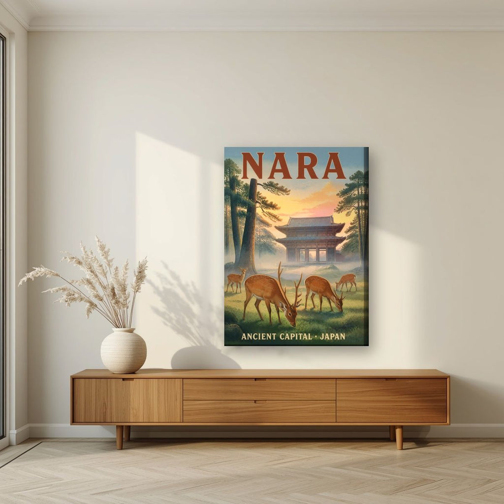 Shika no Asa — Nara art print, on slim canvas, styled in a living room