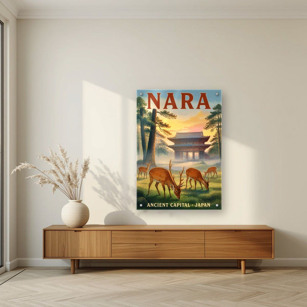 Shika no Asa — Nara art print, as an acrylic print, styled in a living room