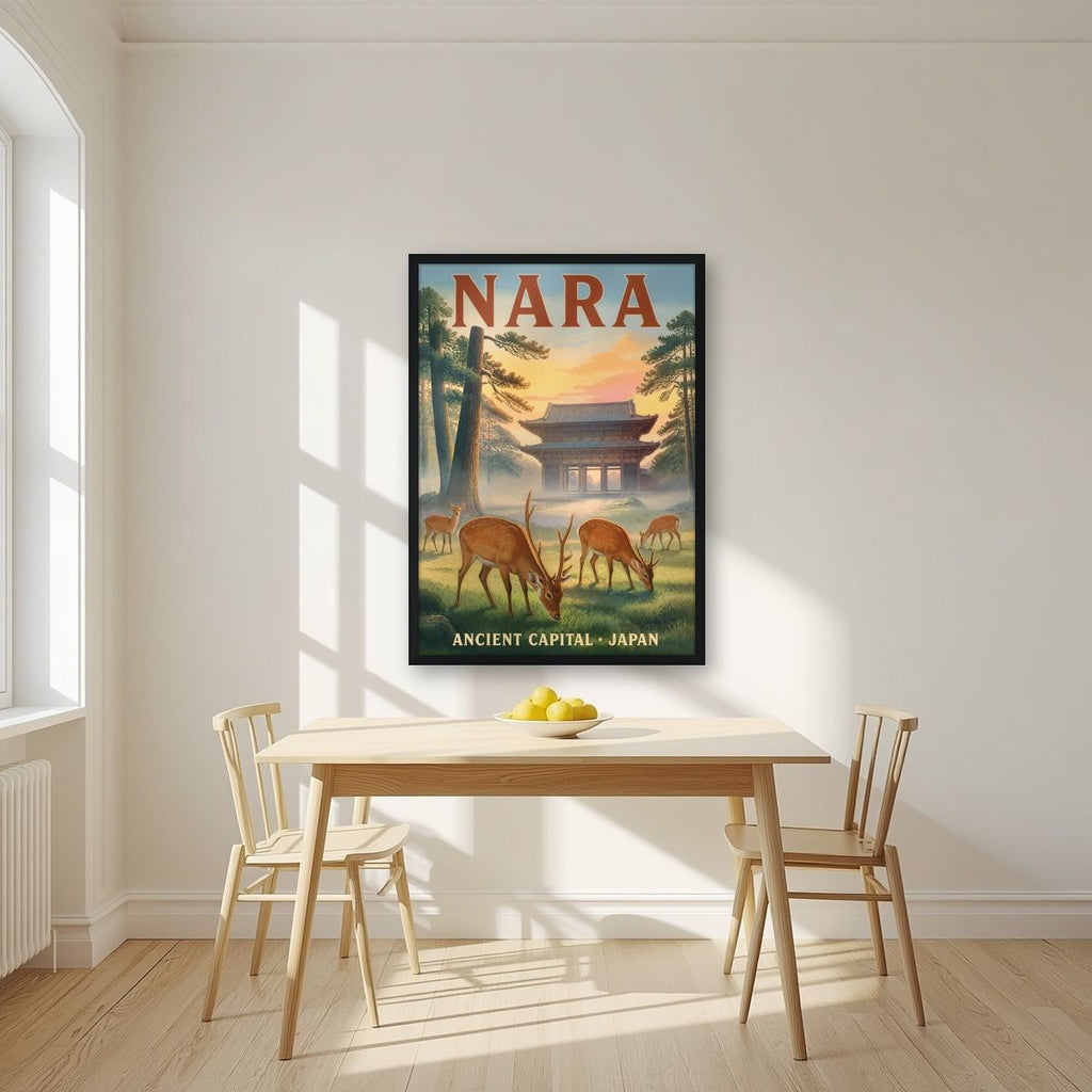 Shika no Asa — Nara art print, in a black frame, styled in a kitchen