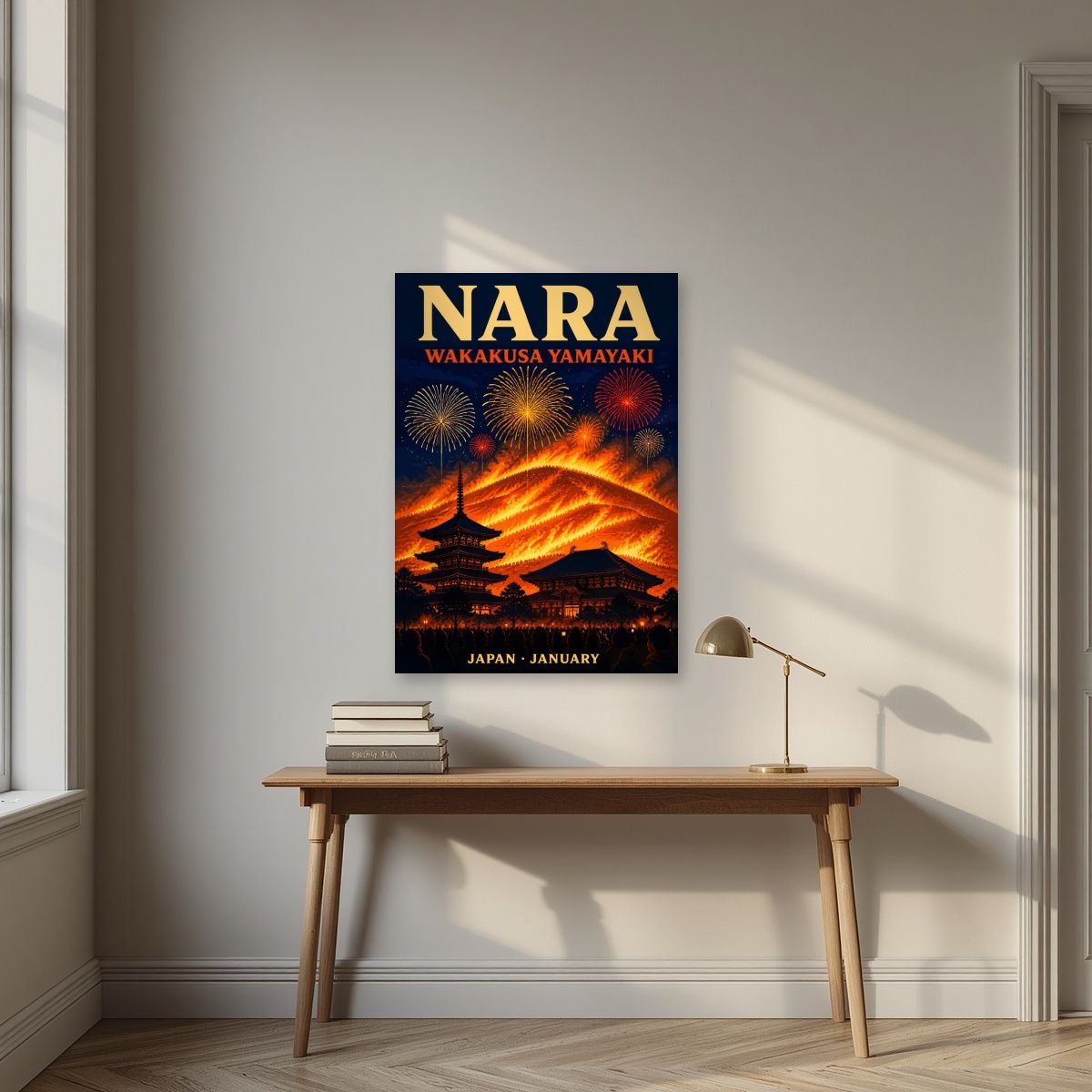Yamayaki — Nara art print, unframed poster, styled in a desk