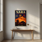 Yamayaki — Nara art print, in an oak frame, styled in a desk