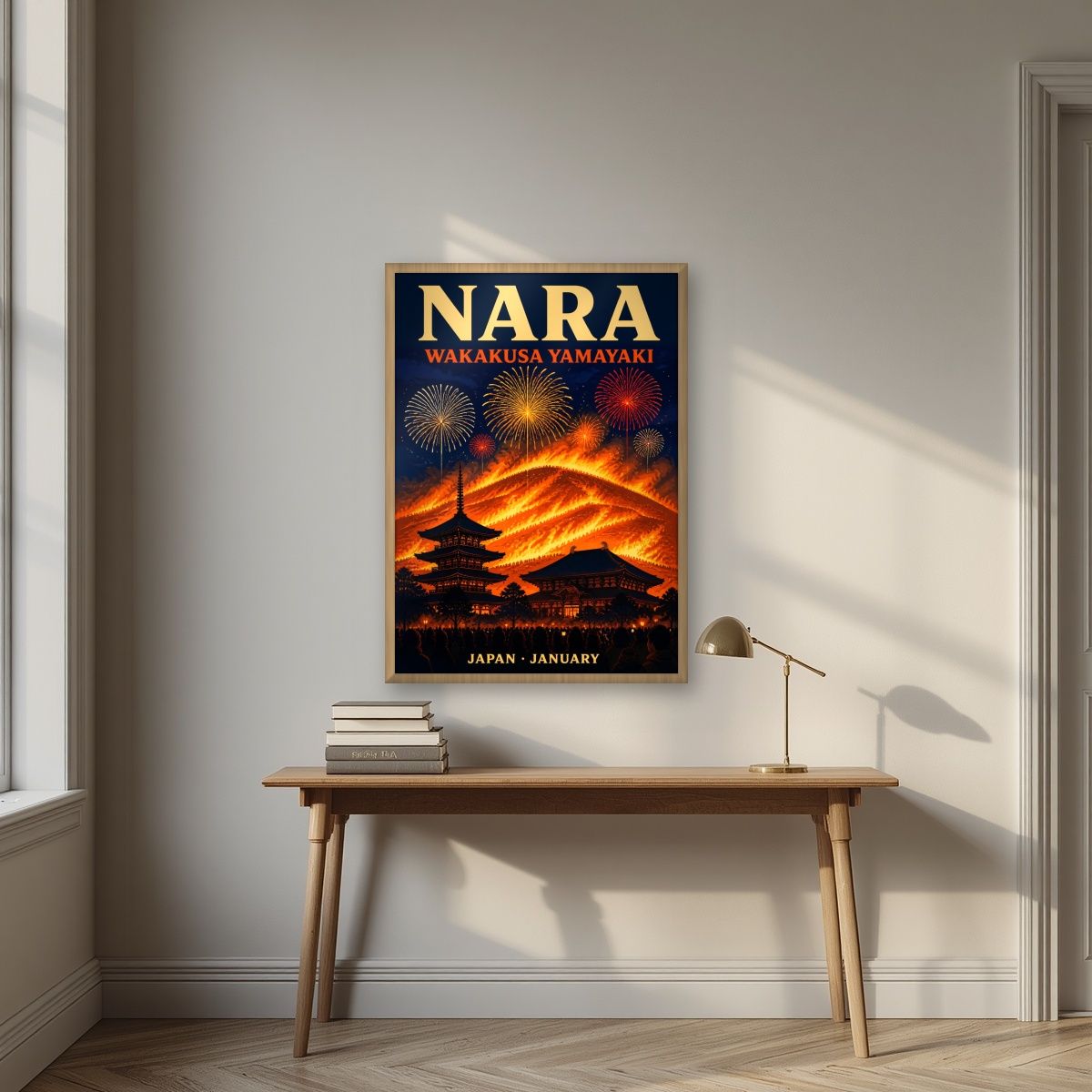 Yamayaki — Nara art print, in an oak frame, styled in a desk