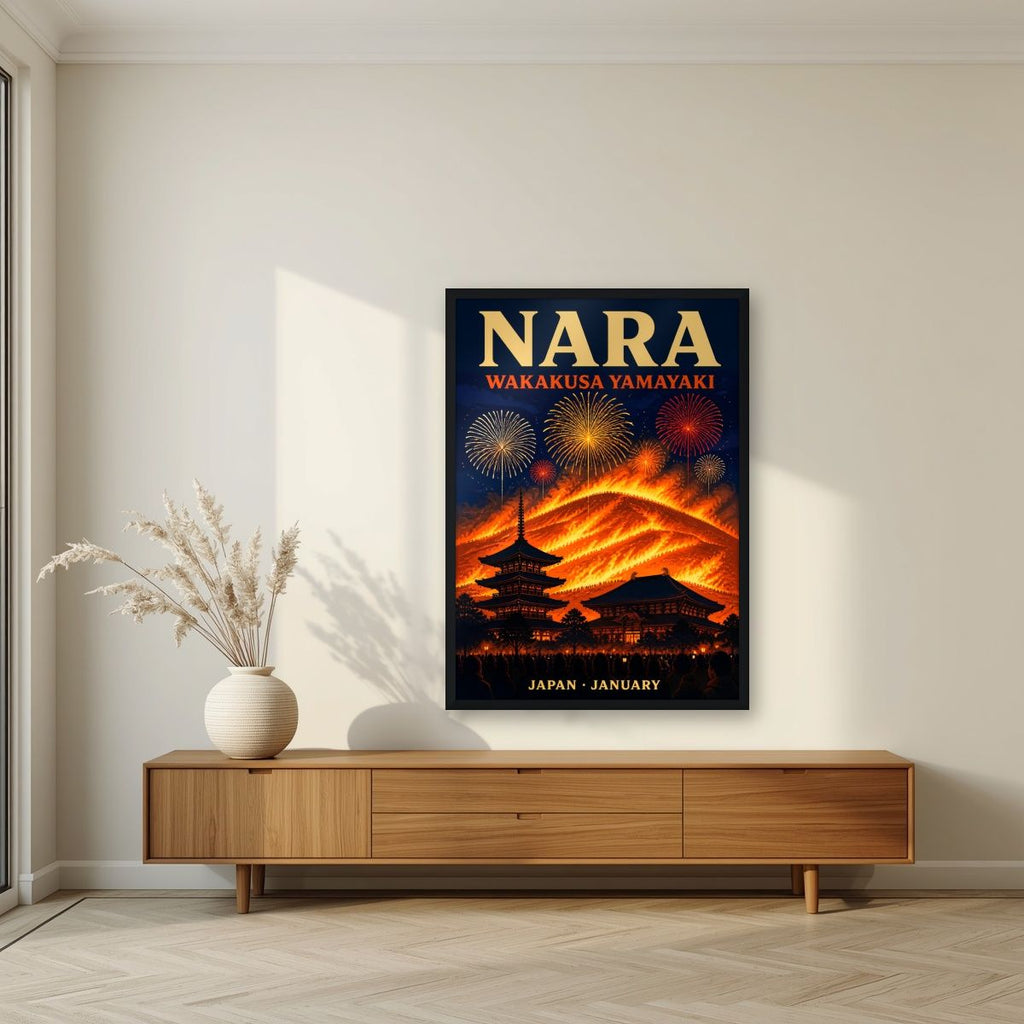 Yamayaki — Nara art print, in a black frame, styled in a living room