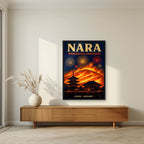 Yamayaki — Nara art print, in a black frame, styled in a living room