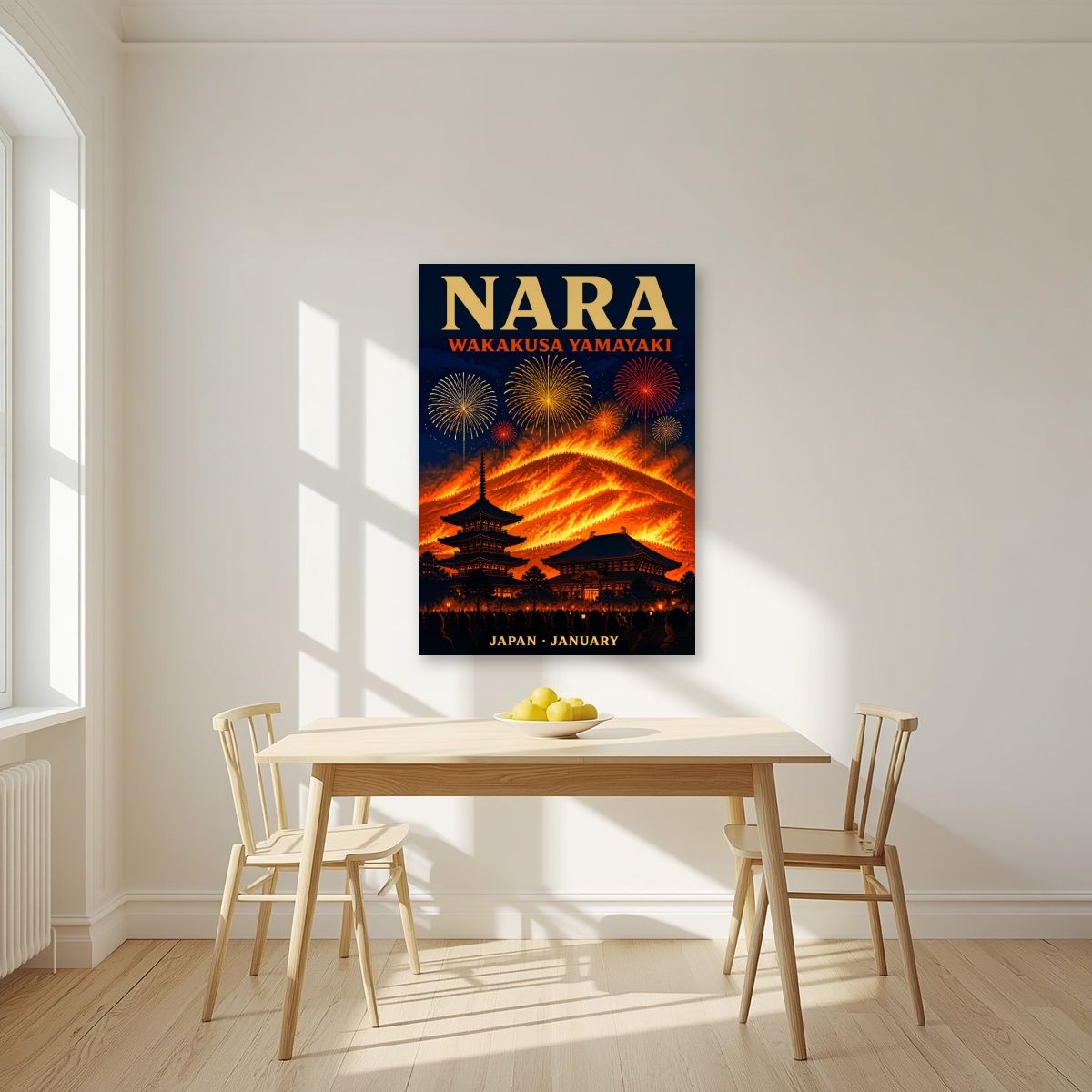 Yamayaki — Nara art print, unframed poster, styled in a kitchen