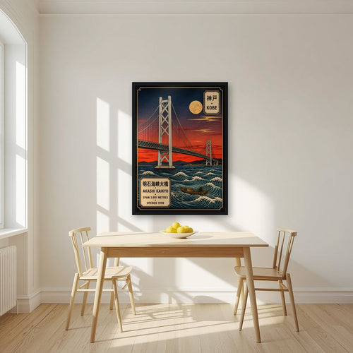 Akashi Kaikyo — Kobe art print, in a black frame, styled in a kitchen