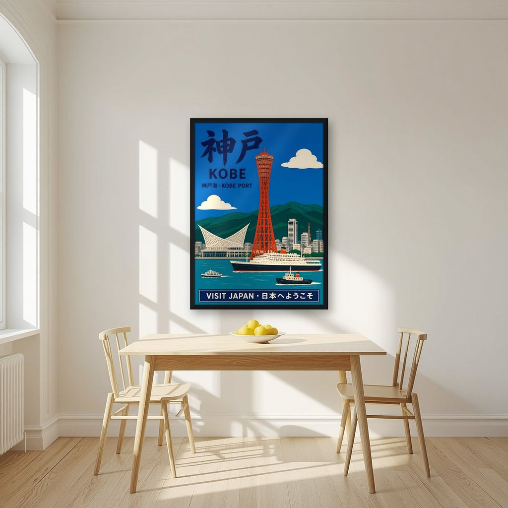 Kobe Port — Kobe art print, in a black frame, styled in a kitchen