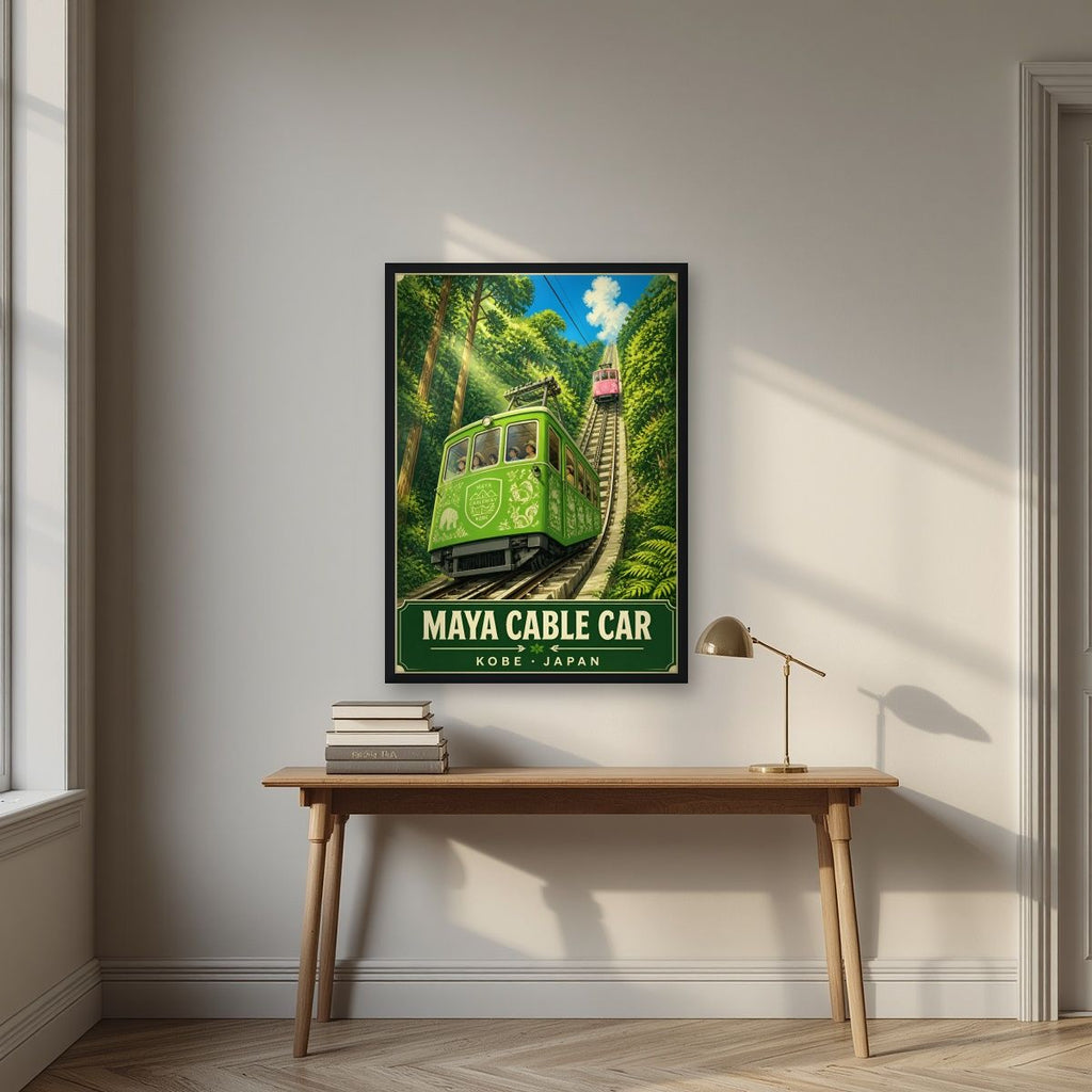 Maya Cable Car — Kobe art print, in a black frame, styled in a desk