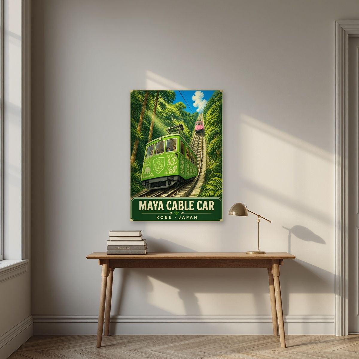 Maya Cable Car — Kobe art print, unframed poster, styled in a desk