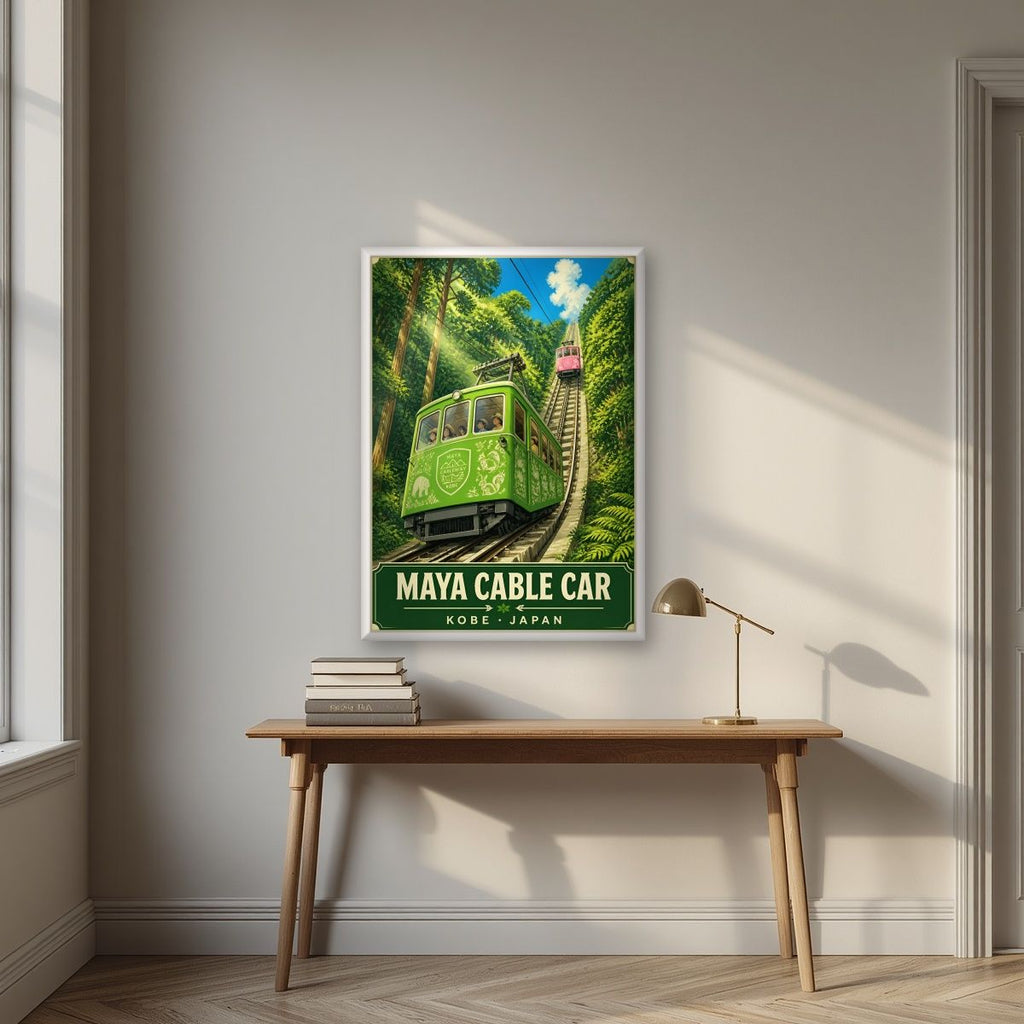 Maya Cable Car — Kobe art print, in a white frame, styled in a desk