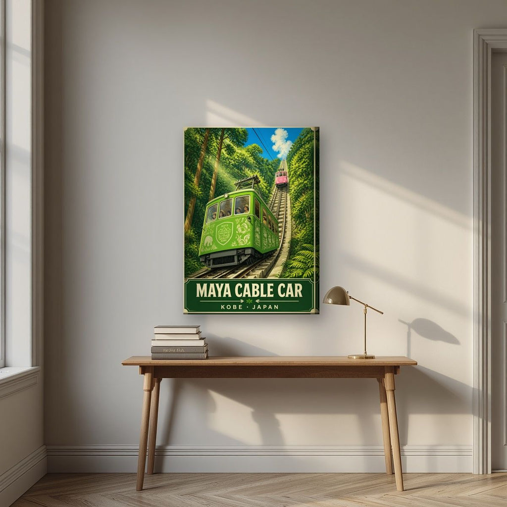 Maya Cable Car — Kobe art print, on slim canvas, styled in a desk
