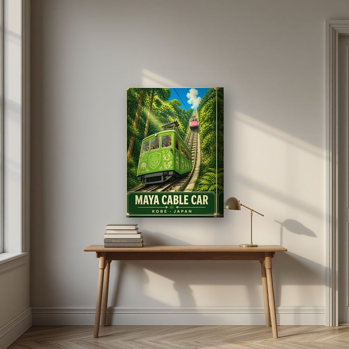 Maya Cable Car — Kobe art print, on thick canvas, styled in a desk