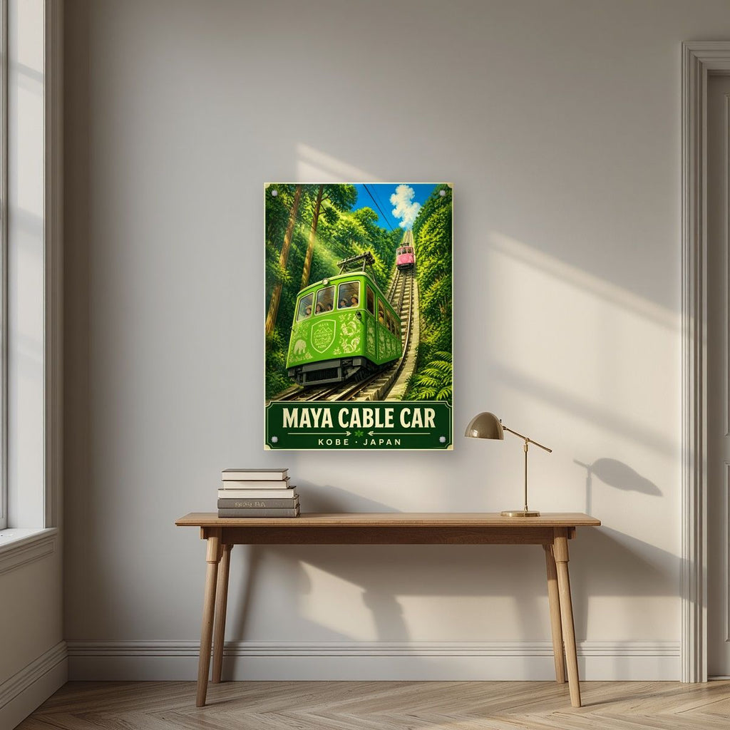 Maya Cable Car — Kobe art print, as an acrylic print, styled in a desk