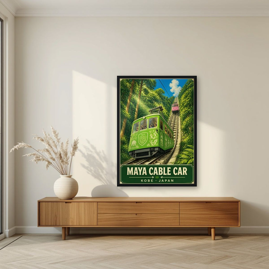 Maya Cable Car — Kobe art print, in a black frame, styled in a living room