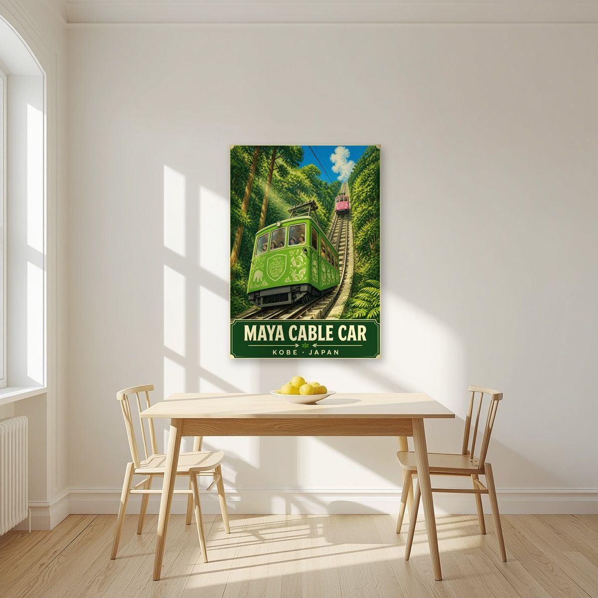 Maya Cable Car — Kobe art print, unframed poster, styled in a kitchen