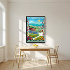 Nunobiki Herb Garden — Kobe art print, in a black frame, styled in a kitchen