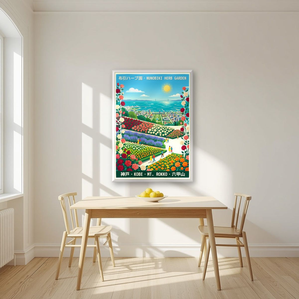 Nunobiki Herb Garden — Kobe art print, in a white frame, styled in a kitchen