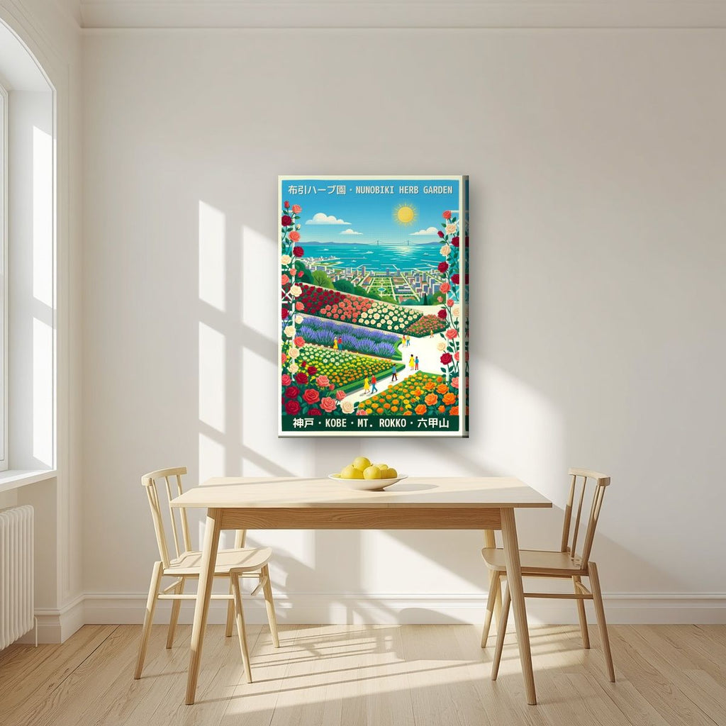 Nunobiki Herb Garden — Kobe art print, on slim canvas, styled in a kitchen