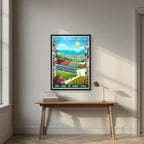 Nunobiki Herb Garden — Kobe art print, in a black frame, styled in a desk