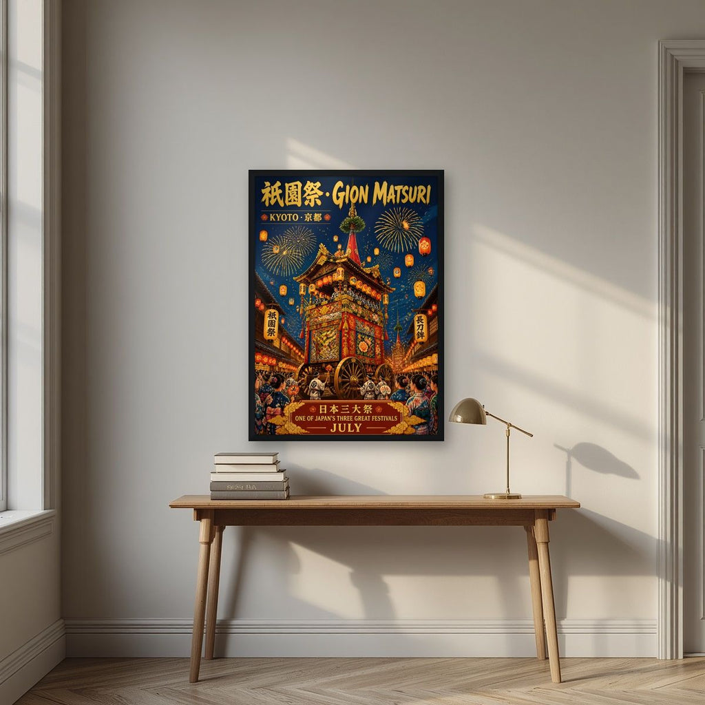 Gion Matsuri — Kyoto art print, in a black frame, styled in a desk