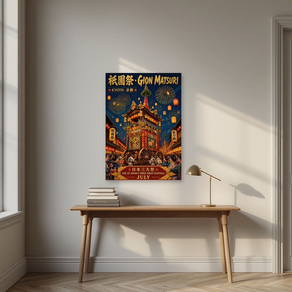 Gion Matsuri — Kyoto art print, unframed poster, styled in a desk