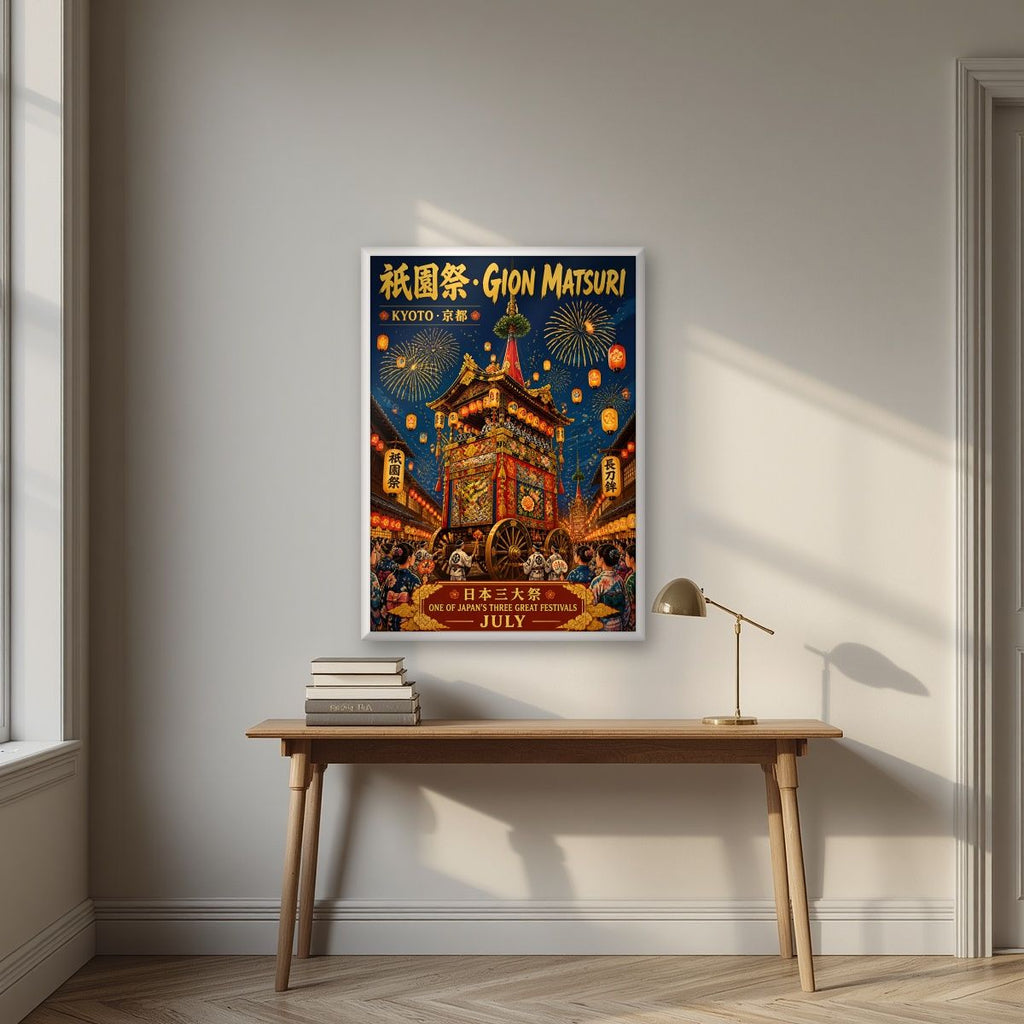 Gion Matsuri — Kyoto art print, in a white frame, styled in a desk