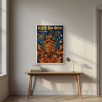 Gion Matsuri — Kyoto art print, in a white frame, styled in a desk