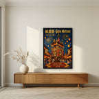 Gion Matsuri — Kyoto art print, in a black frame, styled in a living room