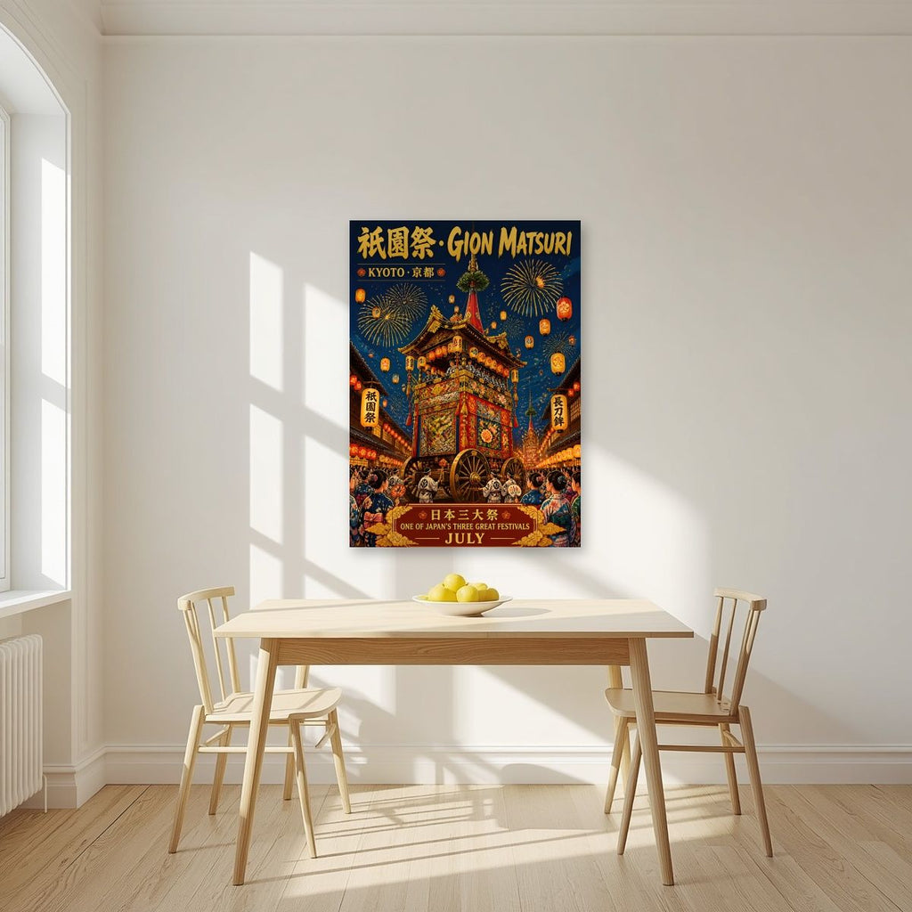 Gion Matsuri — Kyoto art print, unframed poster, styled in a kitchen