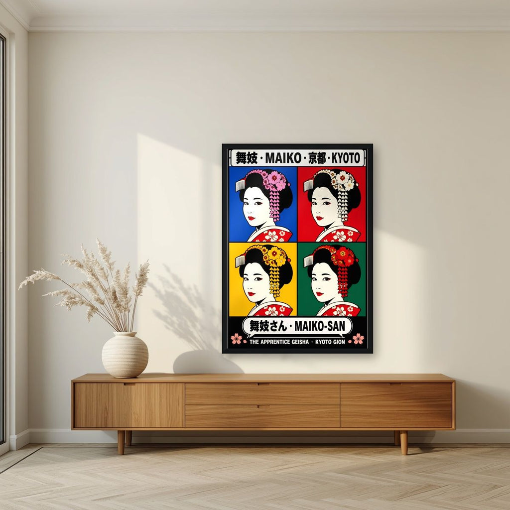 Maiko-San — Kyoto art print, in a black frame, styled in a living room