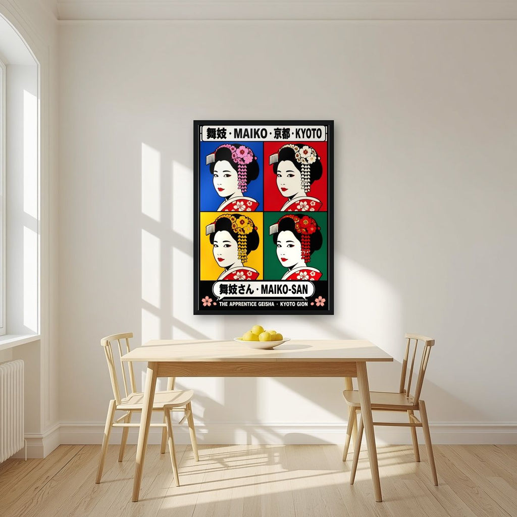 Maiko-San — Kyoto art print, in a black frame, styled in a kitchen