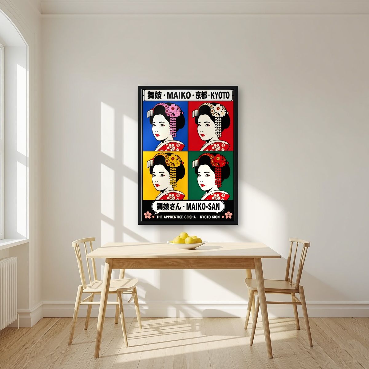 Maiko-San — Kyoto art print, in a black frame, styled in a kitchen