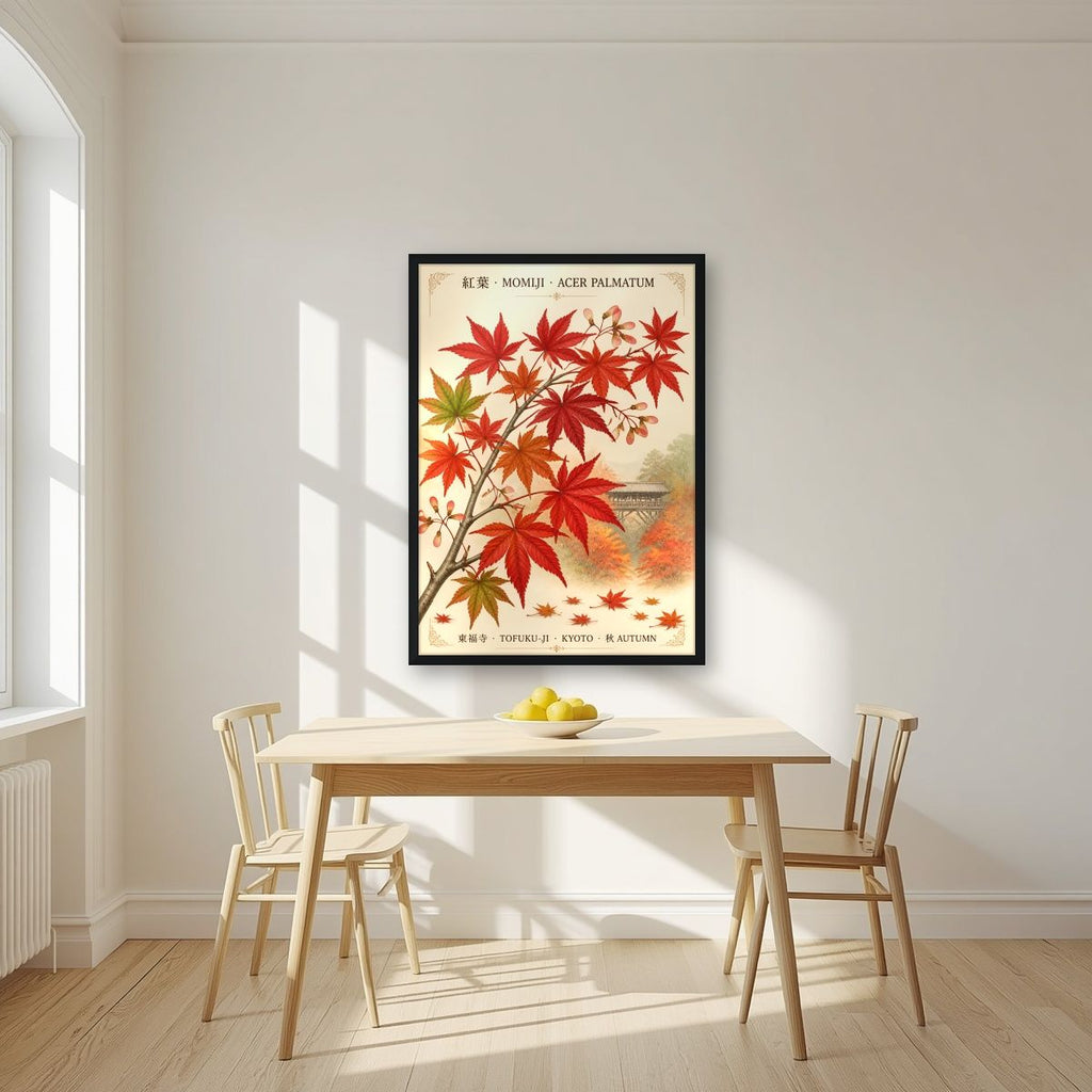 Momiji — Kyoto art print, in a black frame, styled in a kitchen