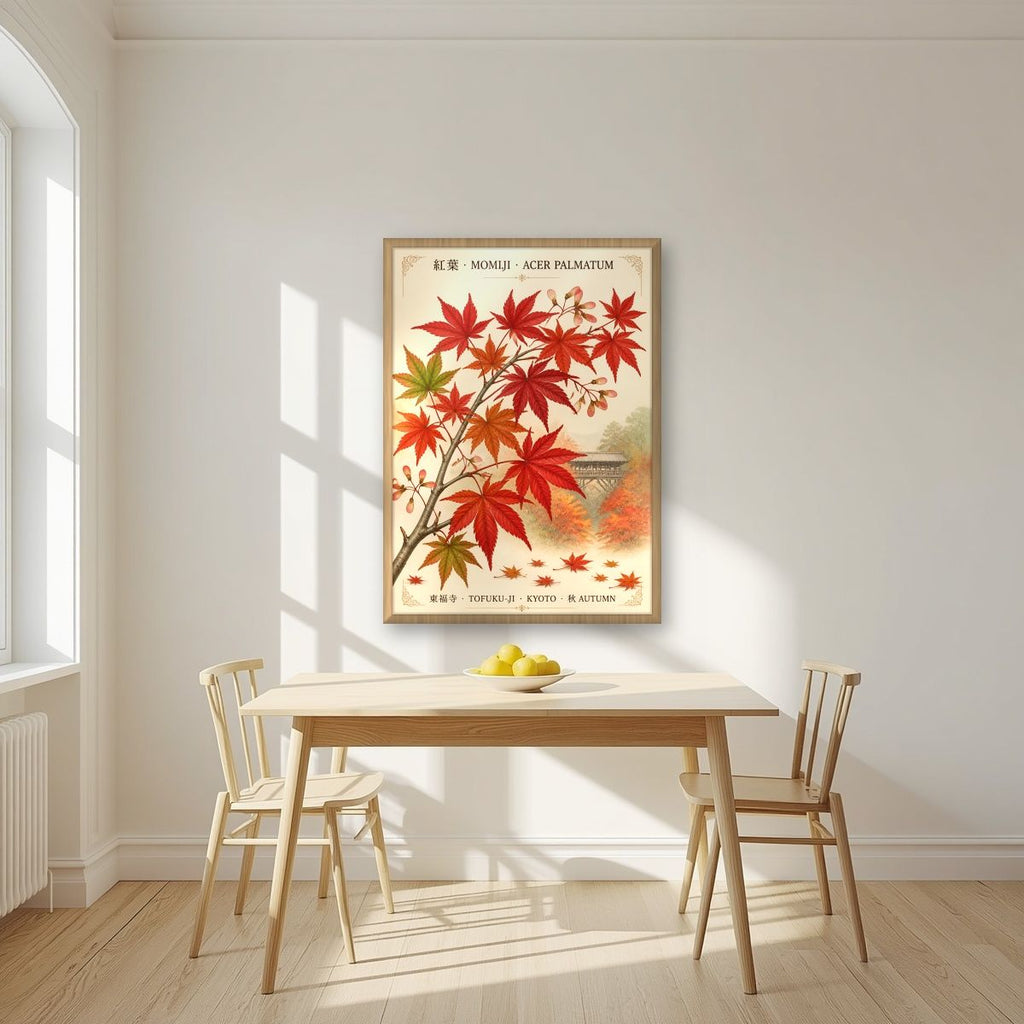 Momiji — Kyoto art print, in an oak frame, styled in a kitchen