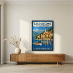 Bellagio — Lake Como art print, in a black frame, styled in a living room