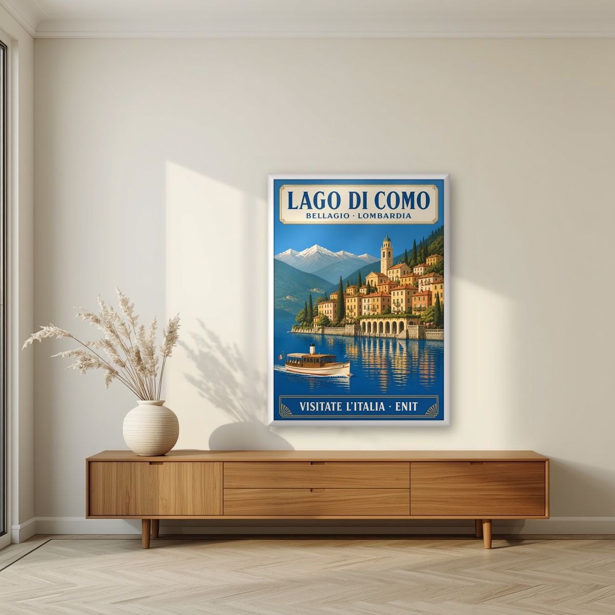 Bellagio — Lake Como art print, in a white frame, styled in a living room