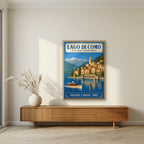 Bellagio — Lake Como art print, in an oak frame, styled in a living room