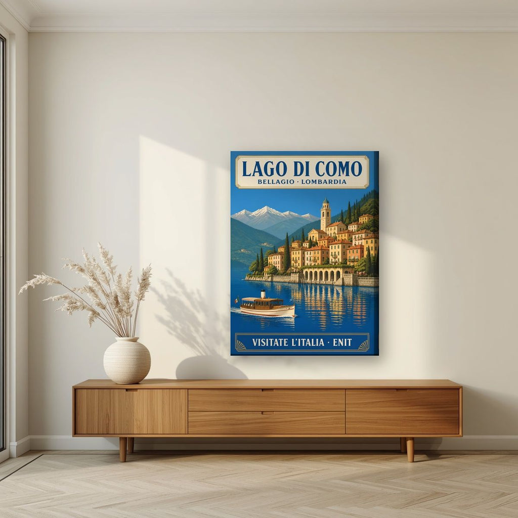 Bellagio — Lake Como art print, on slim canvas, styled in a living room