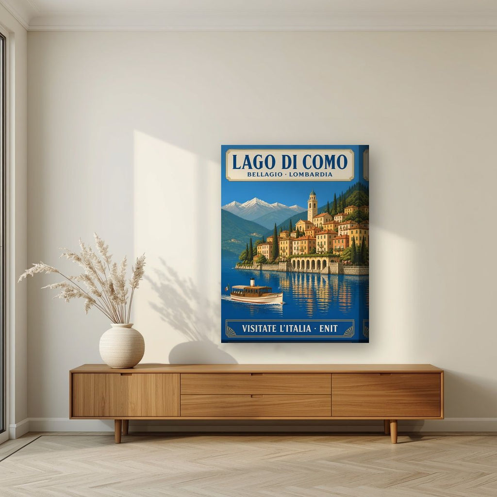 Bellagio — Lake Como art print, on thick canvas, styled in a living room