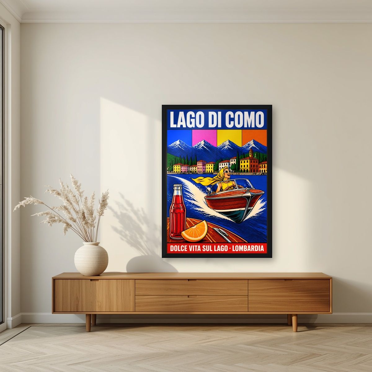 Dolce Vita Sul Lago — Lake Como art print, in a black frame, styled in a living room