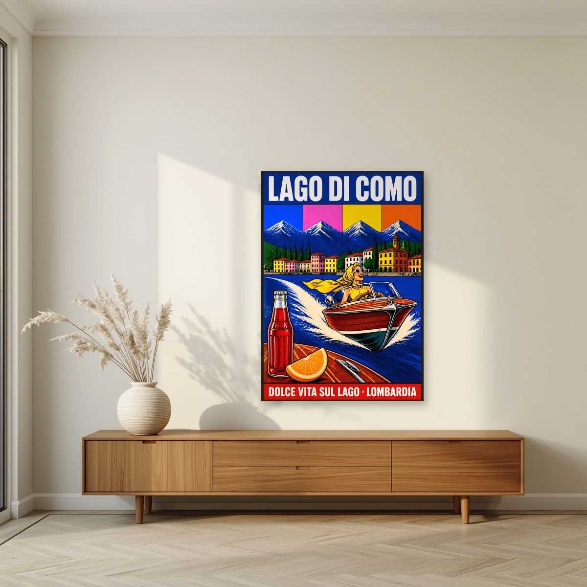 Dolce Vita Sul Lago — Lake Como art print, unframed poster, styled in a living room
