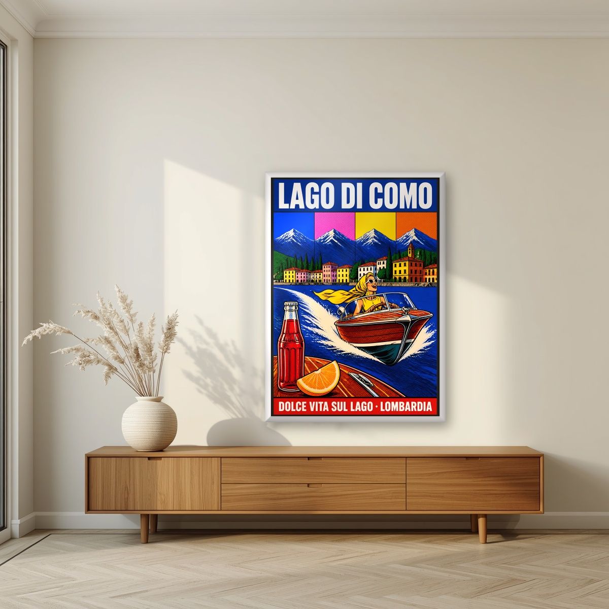 Dolce Vita Sul Lago — Lake Como art print, in a white frame, styled in a living room