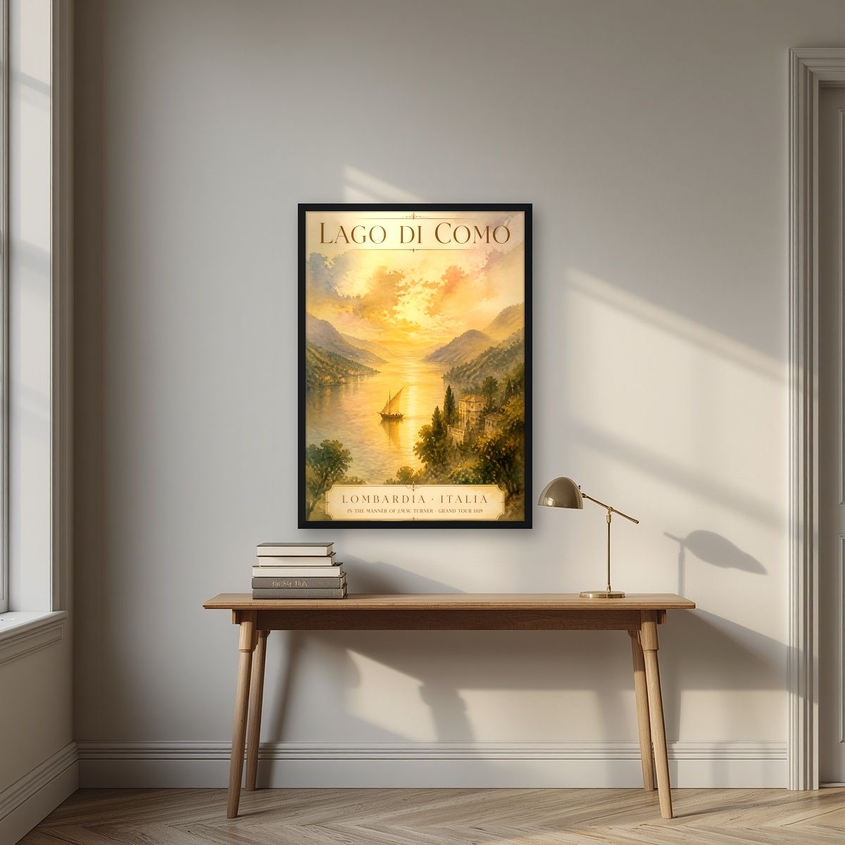 Grand Tour 1819 — Lake Como art print, in a black frame, styled in a desk