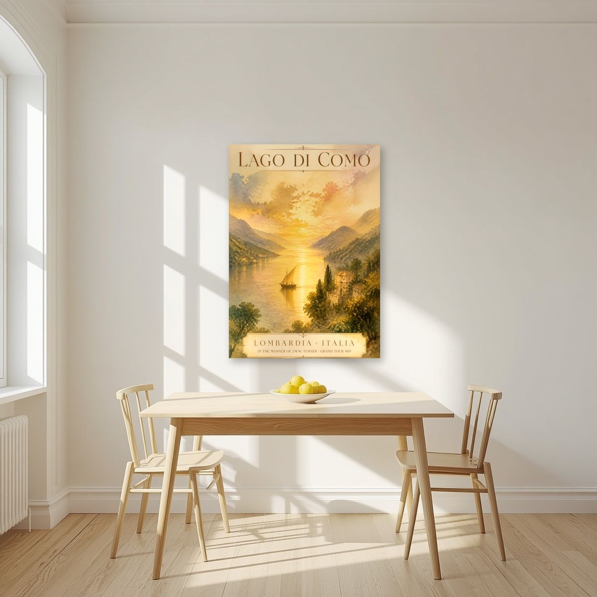 Grand Tour 1819 — Lake Como art print, unframed poster, styled in a kitchen