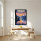 L'Alba Sul Lago — Lake Como art print, in a black frame, styled in a kitchen