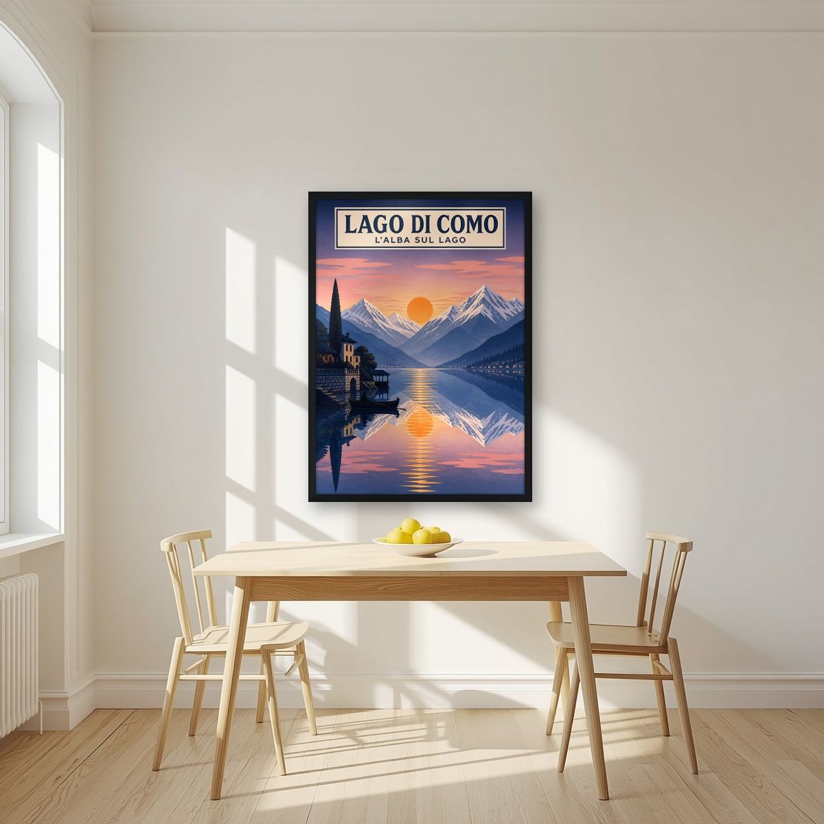L'Alba Sul Lago — Lake Como art print, in a black frame, styled in a kitchen